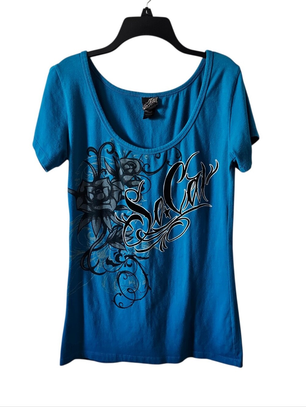Vintage Y2K So Cal No Fear Graphic Tee Blue Scoop Neck Tattoo Rose Skater Top L